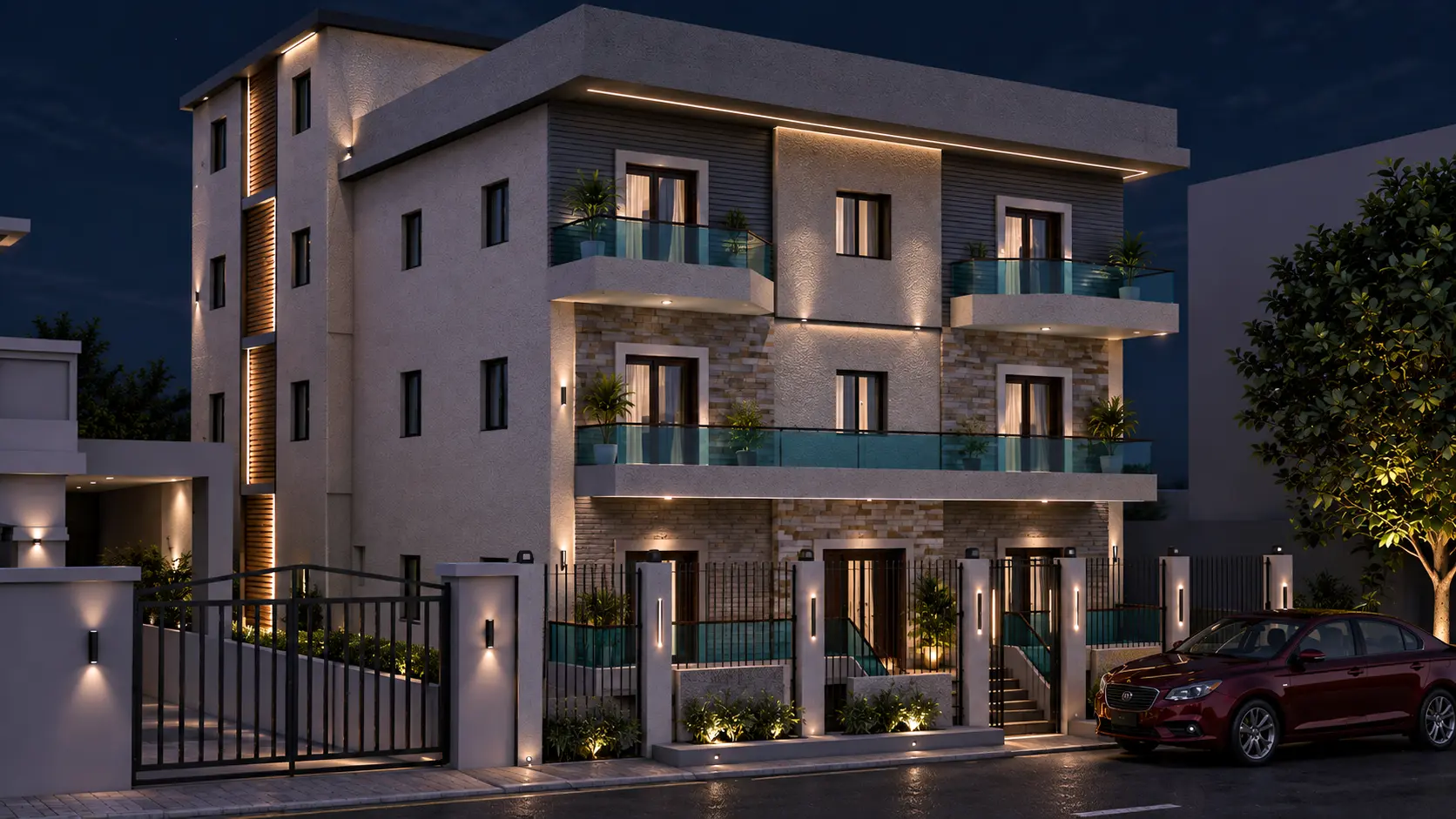 واجهة عمارة سكنية مودرن بشرفات زجاجية تصميم واجهة عمارة سكنية مودرن بشرفات زجاجية وكسوة حجرية وشرائح رمادية داكنة مع إضاءة خطية ليلية