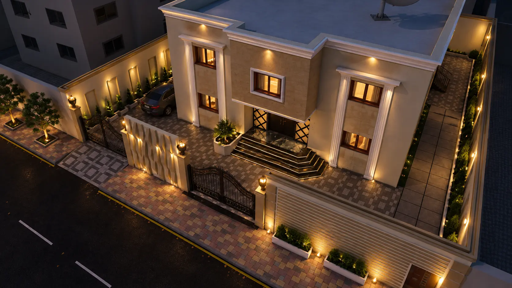 منظور علوي لتصميم فيلا ومدخلها الخارجي منظور علوي لتصميم فيلا سكنية يوضح المدخل وممر السيارة والسور والأرضيات والزراعة وتوزيع الإضاءة الخارجية