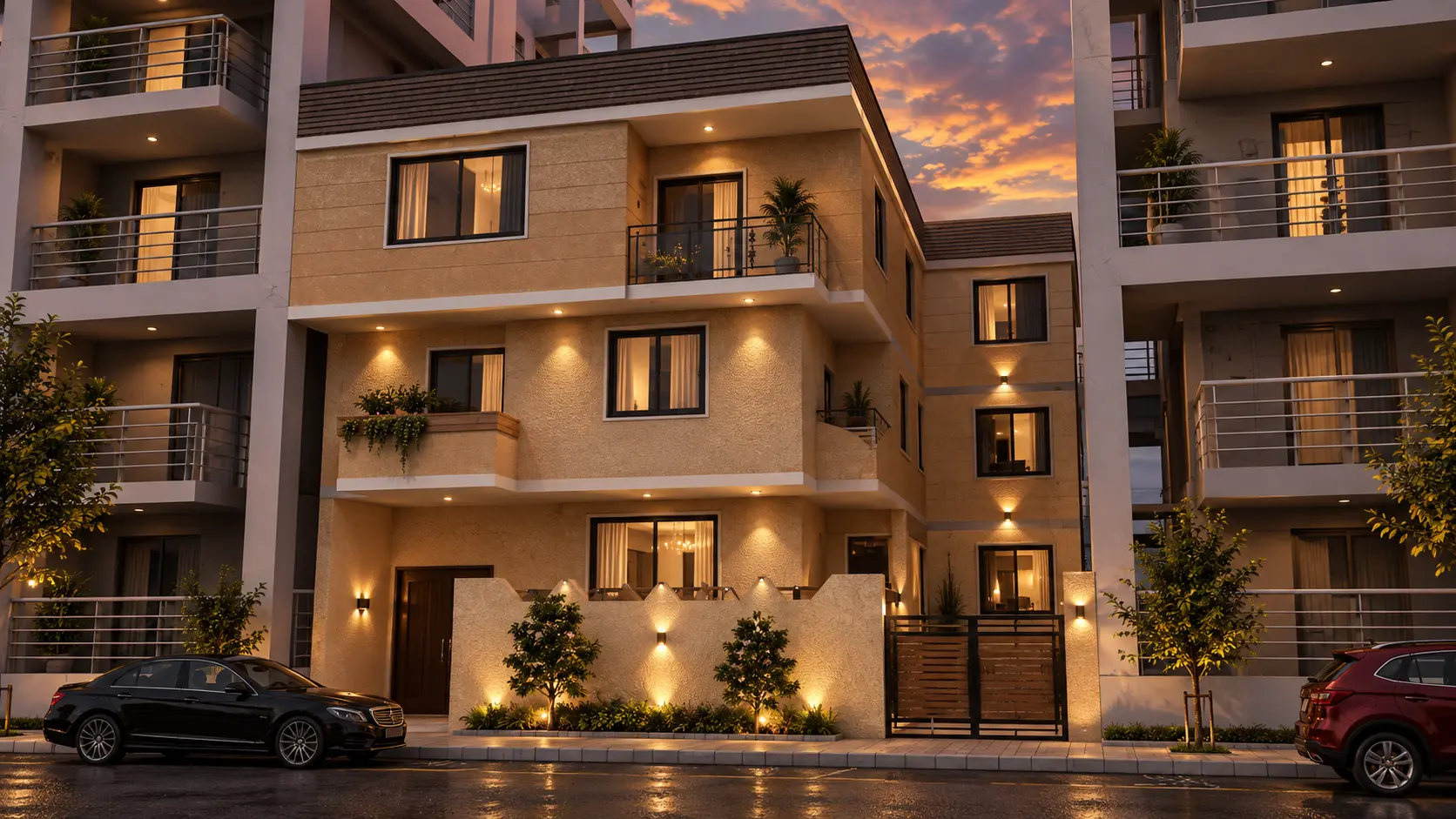 واجهة مبنى سكني مع شرفات وخطوط معاصرة تصميم واجهة مبنى سكني معاصر باللون البيج مع شرفات ودرابزينات معدنية وإضاءة ليلية وزراعة أمامية