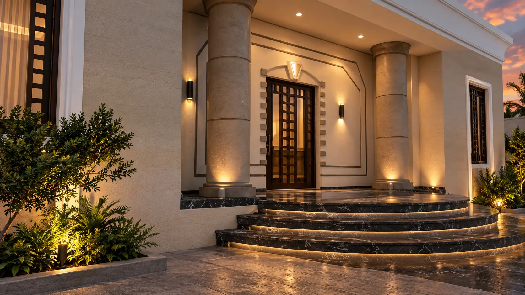 تصميم مدخل فيلا بأعمدة ودرج منحني تصميم مدخل فيلا بأعمدة أسطوانية ودرج منحني داكن وباب خشبي مع زراعة وإضاءة معمارية دافئة