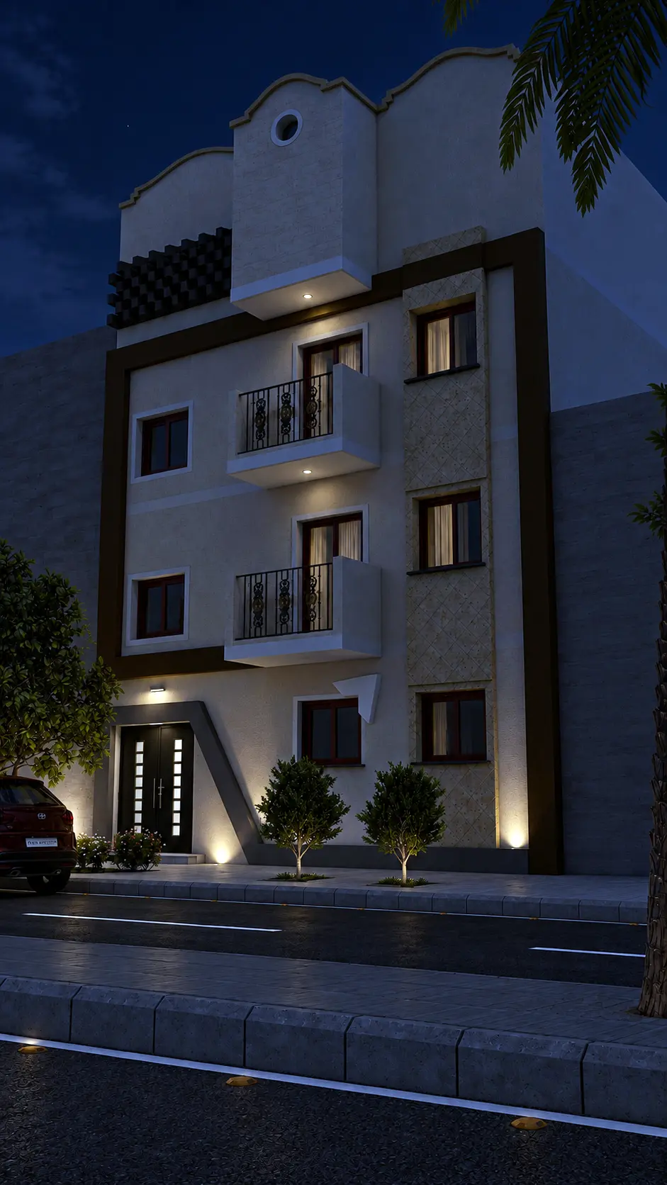 واجهة مبنى سكني مودرن على قطعة ضيقة تصميم واجهة مبنى سكني مودرن على قطعة ضيقة بإطار رمادي داكن وشرفات صغيرة وكسوة حجرية رأسية وإضاءة ليلية